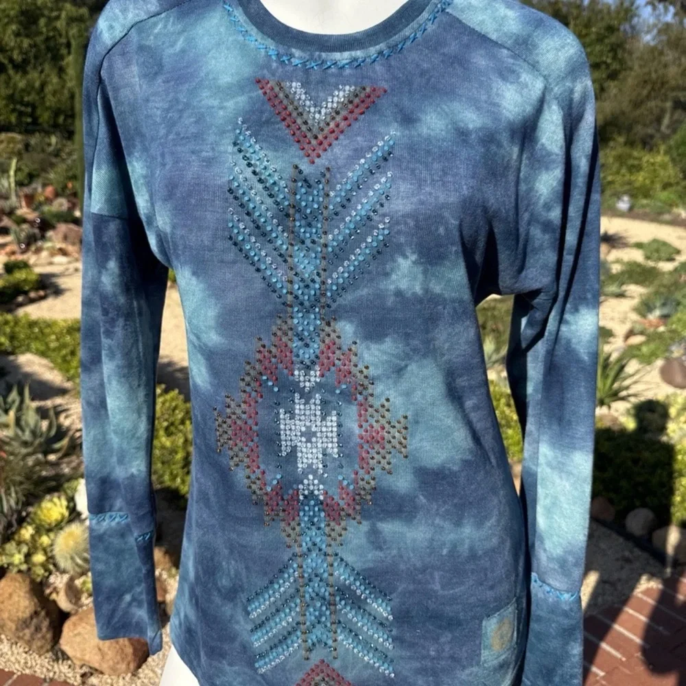 Double D Ranch Blue Tie-Dye Aztec Studded Long Sleeve Top M - Picture 1 of 7